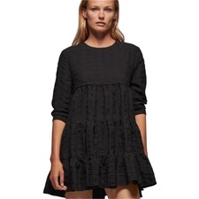 ZARA Black Textured Tiered Sharon Dress Long Sleeve Womens Small Gothcore