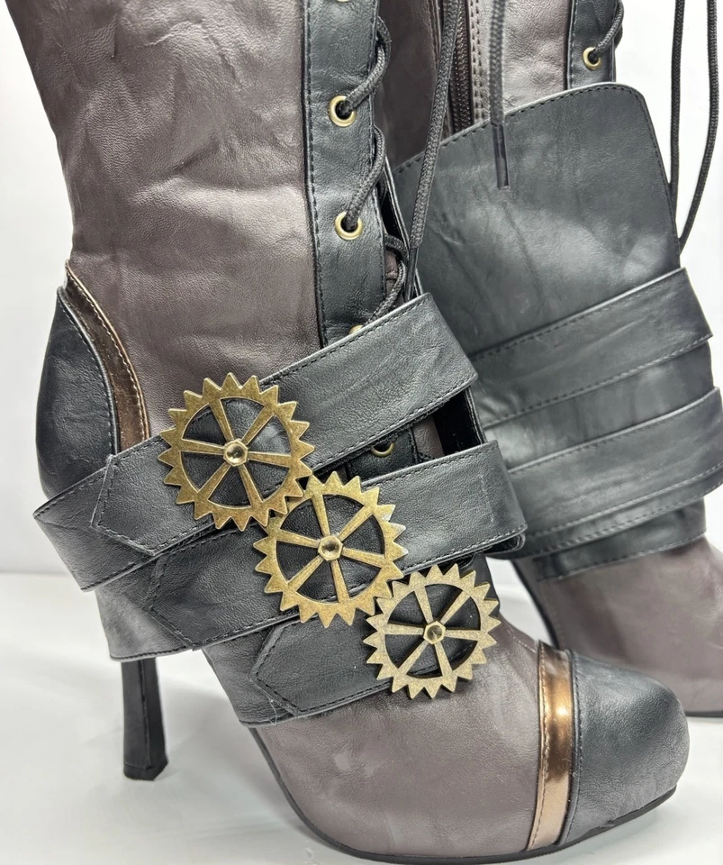 Sz 7 Steampunk Ren Fair Cosplay Knee High 4" Stiletto Heel Boots Gears Halloween - Image 3 of 4