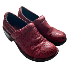Women's BOC 7 Red Leather Pattern Clogs Shoes Festival Boho Hippie Cottage