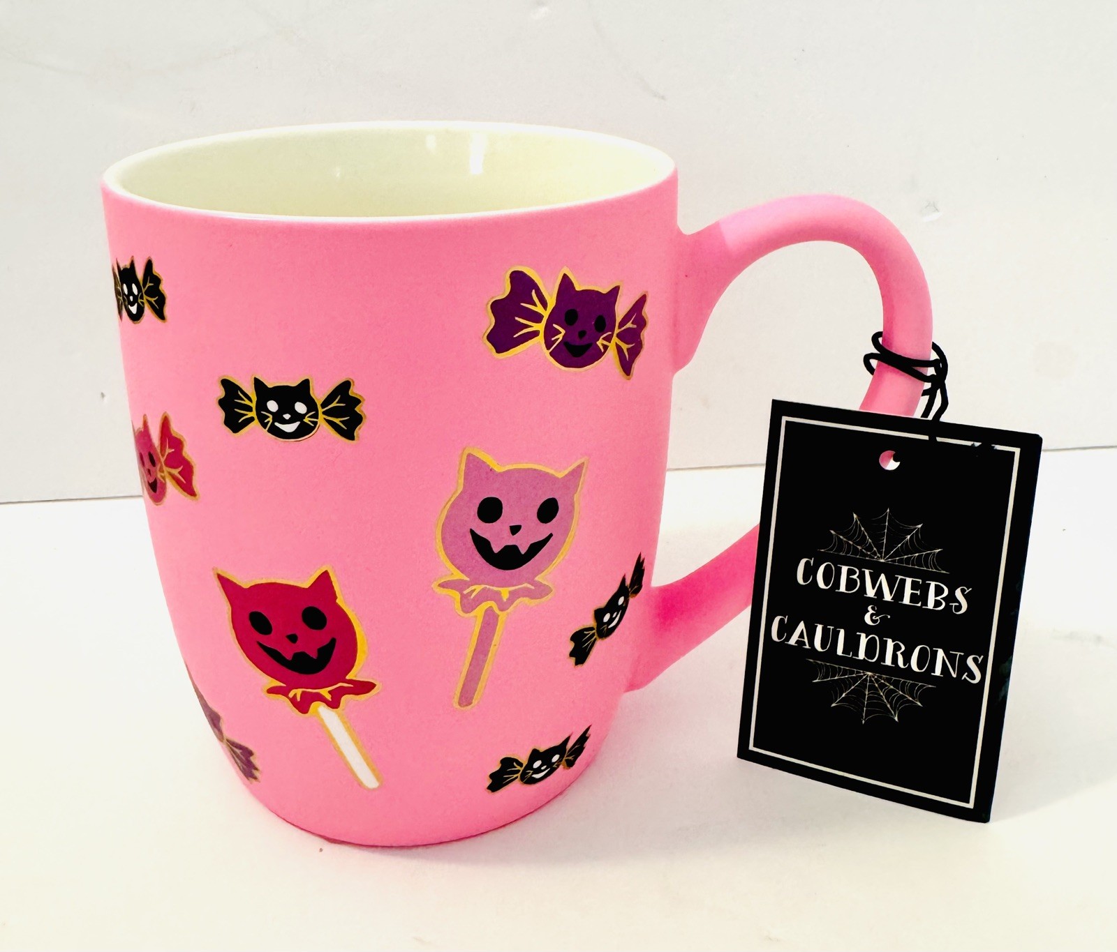 Cobwebs & Cauldrons Pink Halloween Cat Lollipop Candy Soft Touch Mug