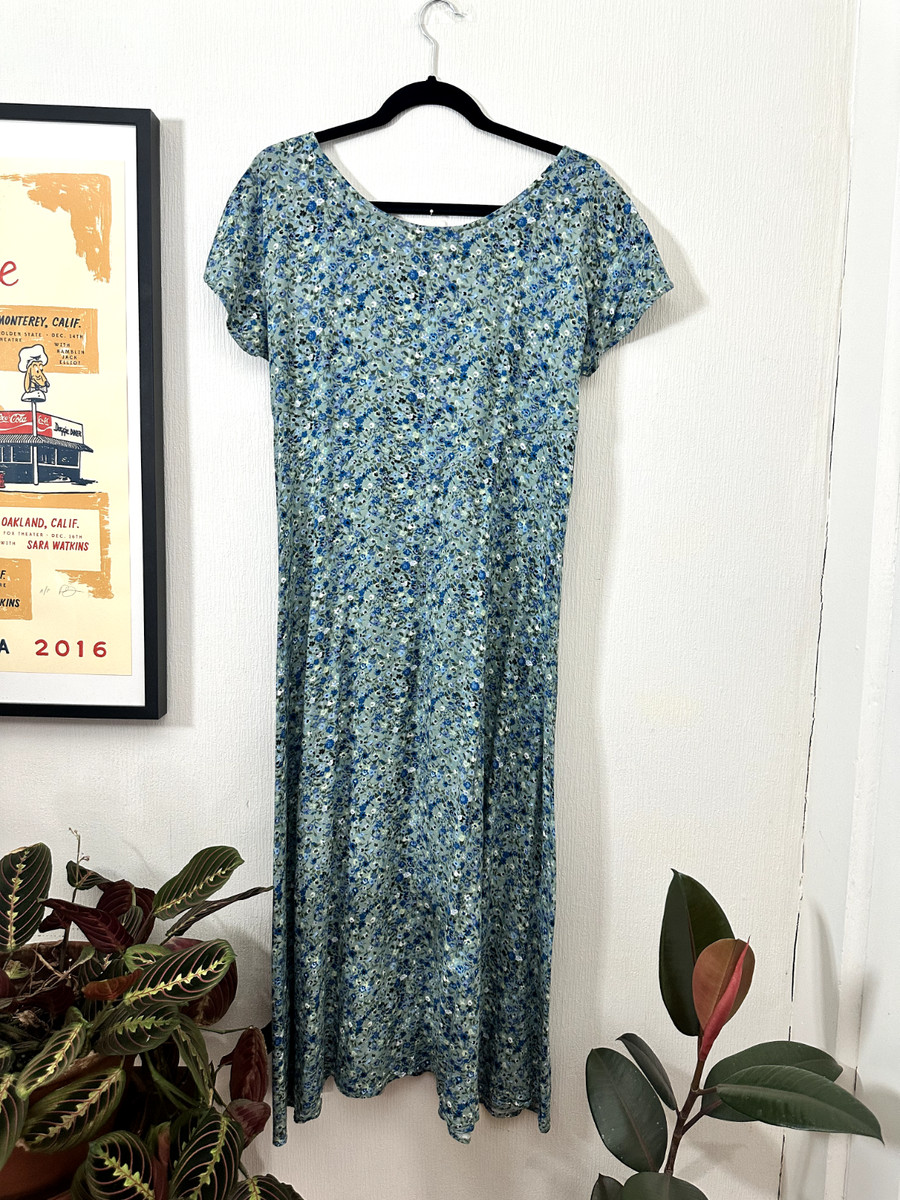 Vintage 1990s All That Jazz Blue Floral Maxi Dress - Rayon, Cap Sleeve, Flowers View 3
