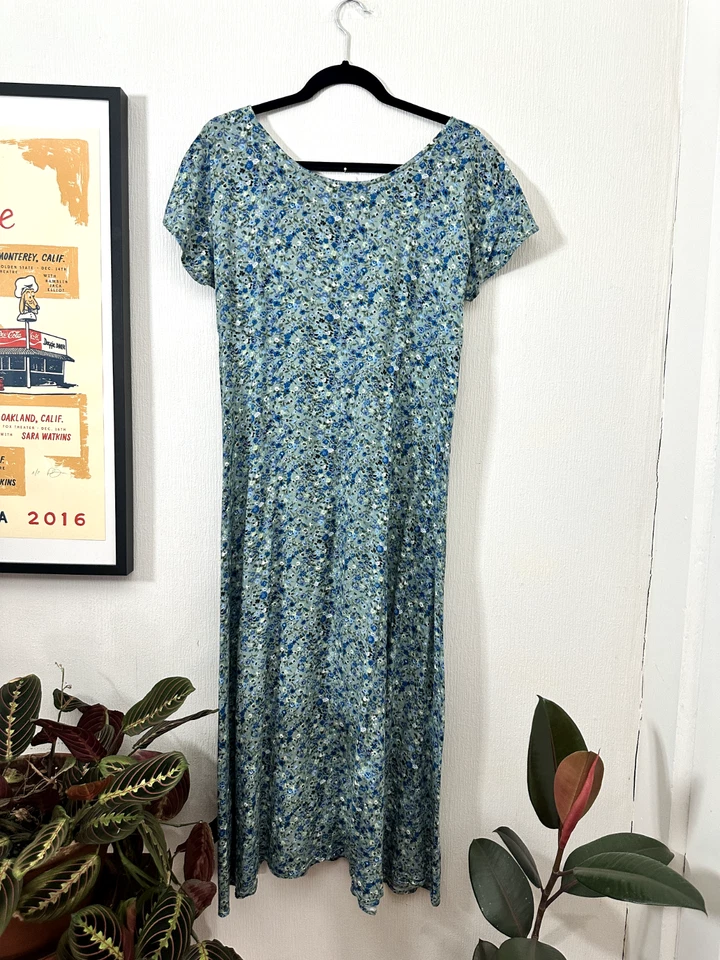 复古 20 世纪 90 年代 All That Jazz 蓝色花卉长裙 - 人造丝,帽袖,花朵 — 第 3/4 张图片