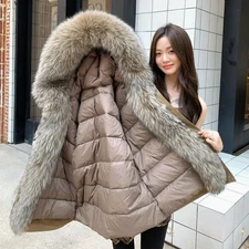 Winter Womens Raccoon Fur Collar Parka Coat Duck Down Lining Thicken Warm Jacket