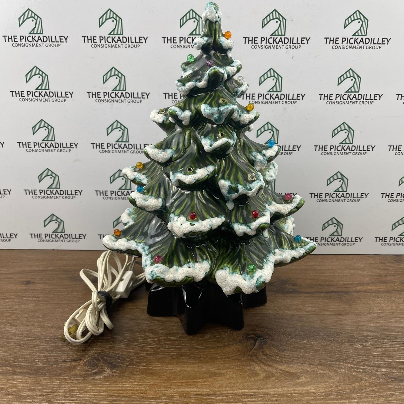 Vintage 13" Ceramic Christmas Tree Lighted Flocked Snow Green Star Base