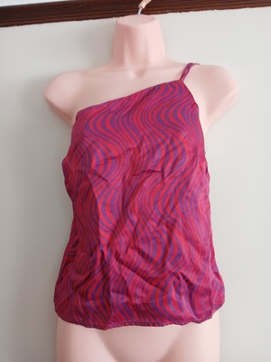 BNWT - WOMENS RED/PURPLE PATT. SILKY STRAPPY TOP - SIZE 14