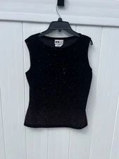 I.N. Studio Womens Top Velour Sleeveless Black Sequins Made in USA Sz Medium