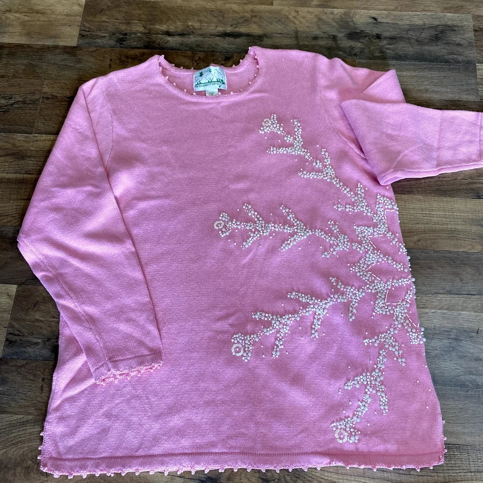 Vintage 90's Quacker Factory Women's Pink Snowflake Beaded Knit Sweater 1X - Image 4 of 4