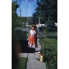 Old Woman Gardening Sun Hat Red Apron 1959 Chicago Area Vintage Color Slide