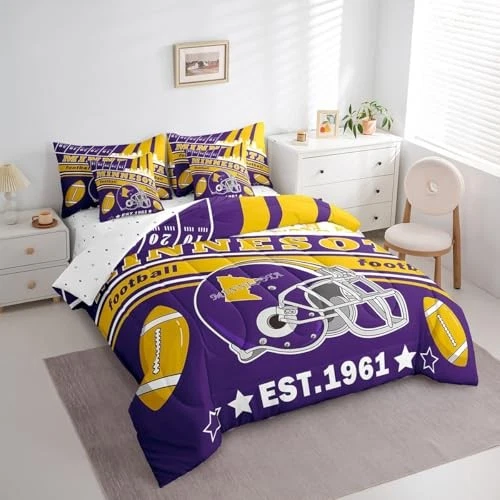 Juegos de edredón de fútbol americano de 7 piezas talla niños Minnesota juego de cama king púrpura Foto 3 de 4