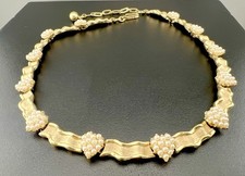 Vintage Trifari Birthday Ribbon Necklace Faux Pearl Gold Tone Choker Signed 16