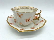 Antique KPM Berlin Quatrefoil Demitasse Cup & Saucer Orange Floral Gold Trim
