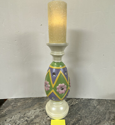 21-1/2  Willow Manor Easter Pastel Floral Egg Flower Pedestal &Flameless Candle