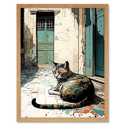 Cat Sunbathing on Cobblestone Street Modern Framed Wall Art Picture Print 9X7 In