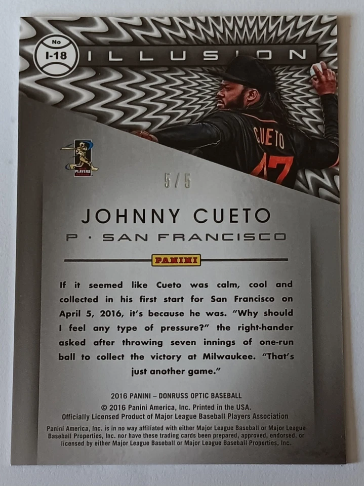 Johnny Cueto Optic Illusion Green Holo 2016/5 SSP raro, Giants Foto 2 de 3