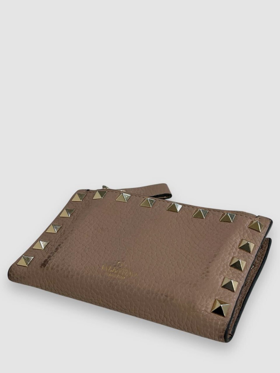 Valentino Garavani Beige Rockstud Zip Coin & Card Case Pouch