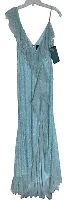 Mac Duggal Gown Dress Size 2 Mint Sequin Embellished Ruffle Faux Wrap 10931 $598
