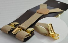Khaki Beige Brown Suspenders Braces Gold Golden Metal Clips Men Youth Boys Kids