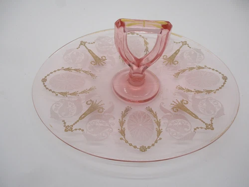 Cambridge Majestic Vintage Pink Depression Glass Oval Tidbit Tray with Gold Trim