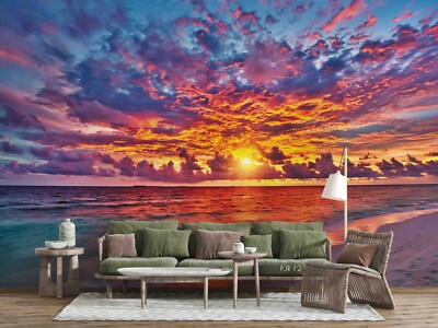 3D Sunset Glow Sky Sea Scenery Self-adhesive Removable Wallpaper Murals Wall
