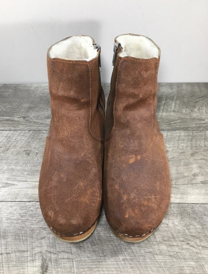 Zuecos impermeables de cuero forrados de lana al tobillo botas para mujer 10 EE. UU. 40 UE vintage marrón Foto 3 de 4