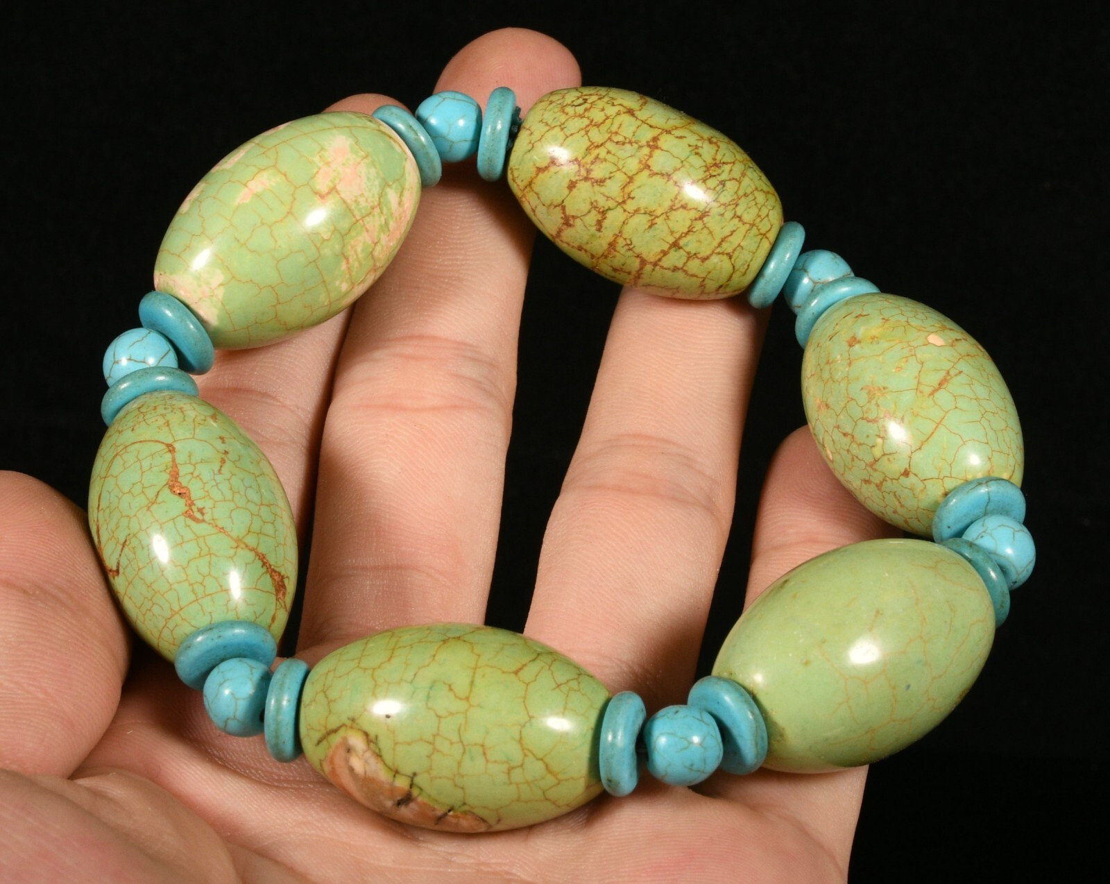 Antique Chinese Turquoise Pure Hand Carving Beads Jewels Bracelet Hand Chain