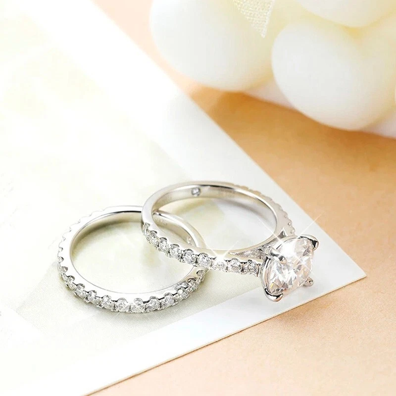 Full Real Round Cut Moissanite Ring Set Eternity Band 925 Sterling Silver GRA - Image 3 of 4