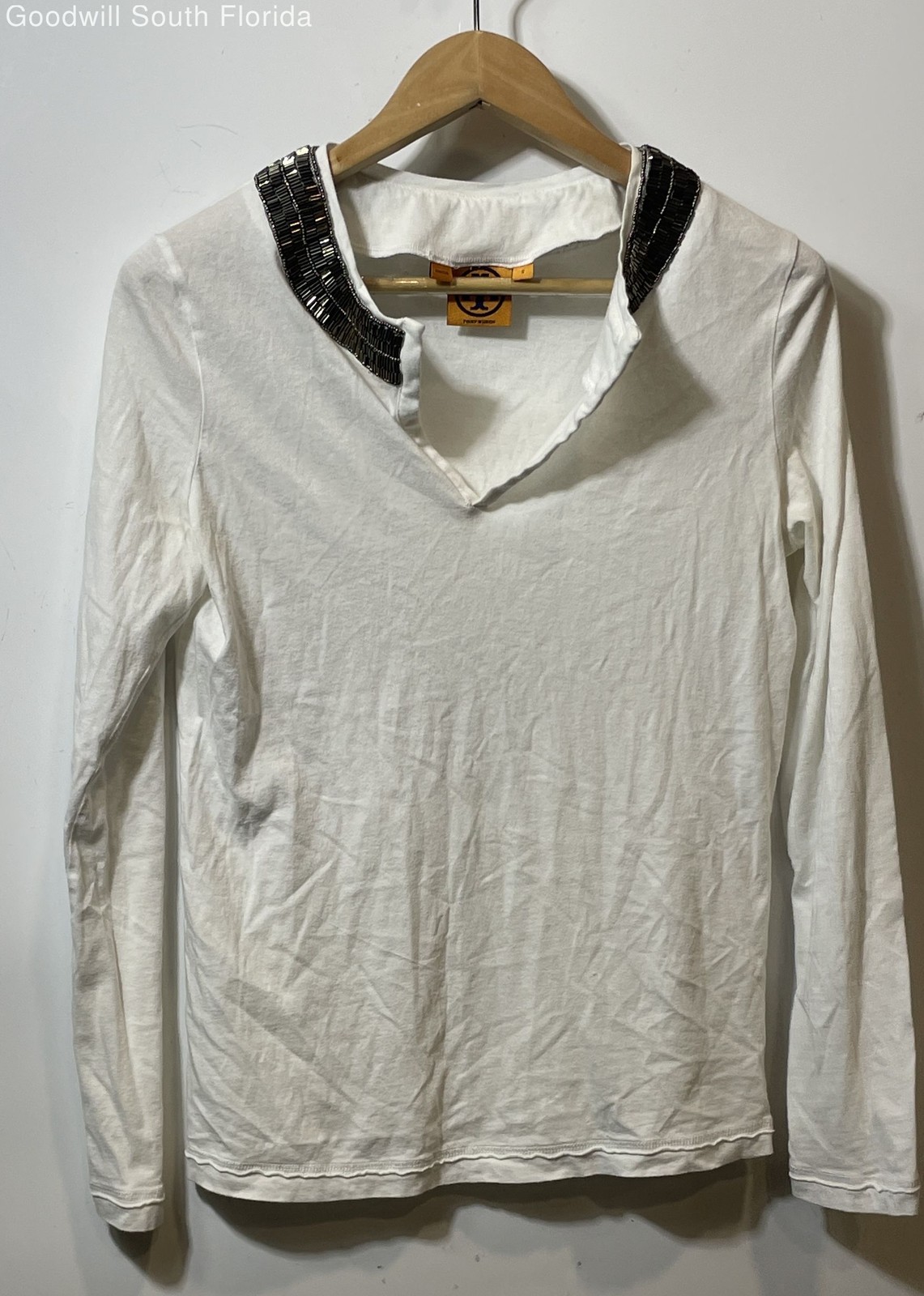 Authentic Tory Burch Womens White Cotton Long Sleeve V-Neck T-Shirt Size S