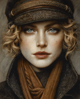 Blonde Traveler Woman in Brown Cap and Rust Scarf Print - 573060790