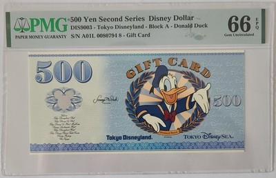 500 Yen ''Block A'' Donald Second Series Tokyo Disney Dollar - PMG 66 Gem Unc