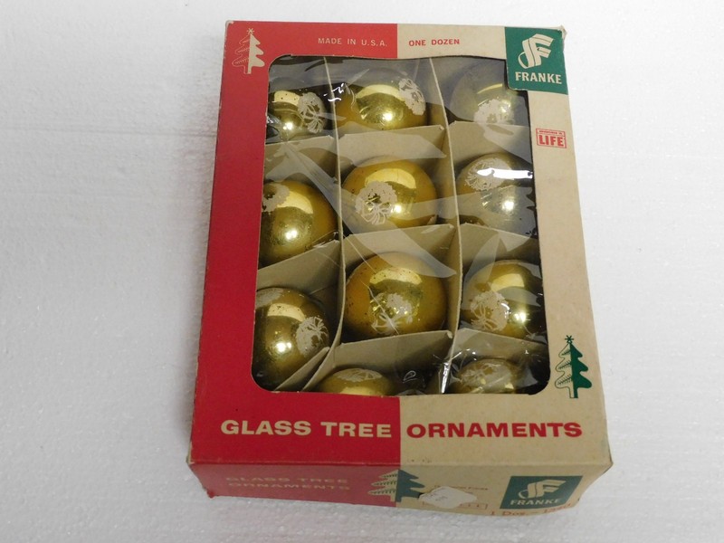 VINTAGE FRANKE USA GOLD GLASS 11 CHRISTMAS ORNAMENTS WITH ORIGINAL BOX