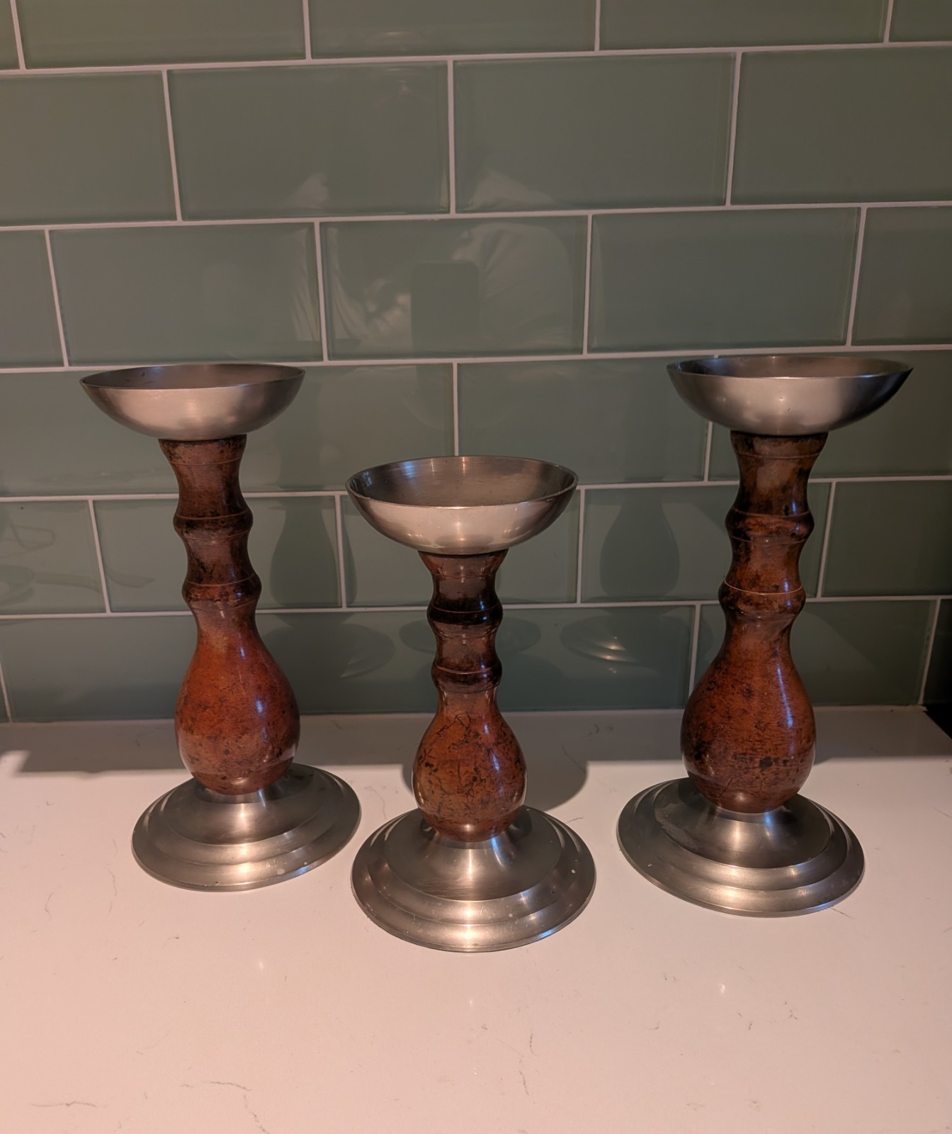 Set Of 3 Wooden & Pewter Candlesticks 1, 8" & 2, 9.5" Beautiful With Any Decor