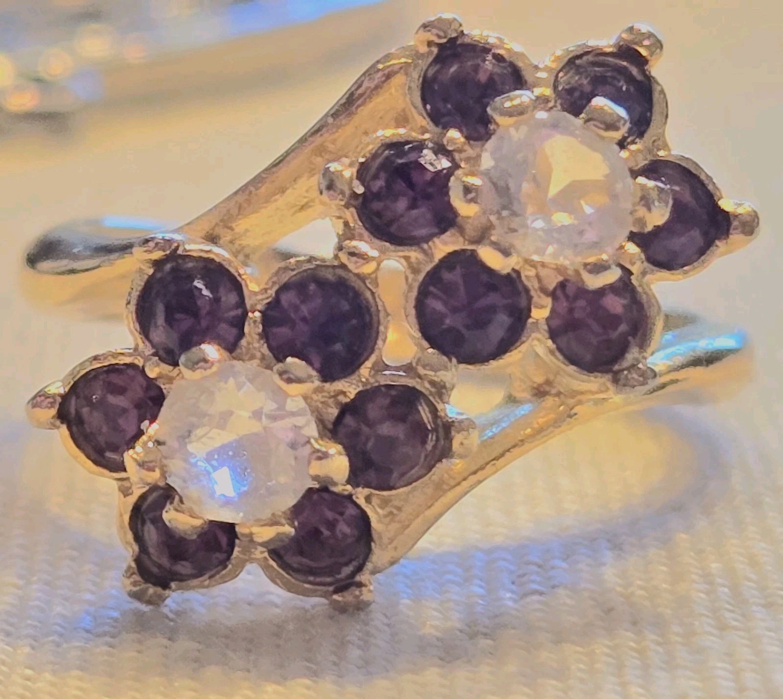 Vtg Double Flower Gemstone Diamond Ruby Gold Ring… - image 1