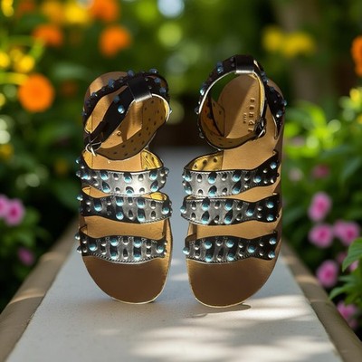 Sandro Paris Gladiator Sandal /Touquoise And Studs With Ankle Buckle Size 6 1/2