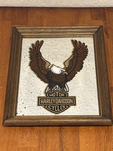 VTG HARLEY DAVIDSON RARE EAGLE MIRROR FRAMED PICTURE MOTORCYCLE BAR SIGN 18”x14”