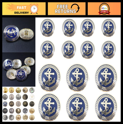 14-Piece Vintage Gold & Blue Metal Blazer Button Set - Naval Anchor Design, 15MM