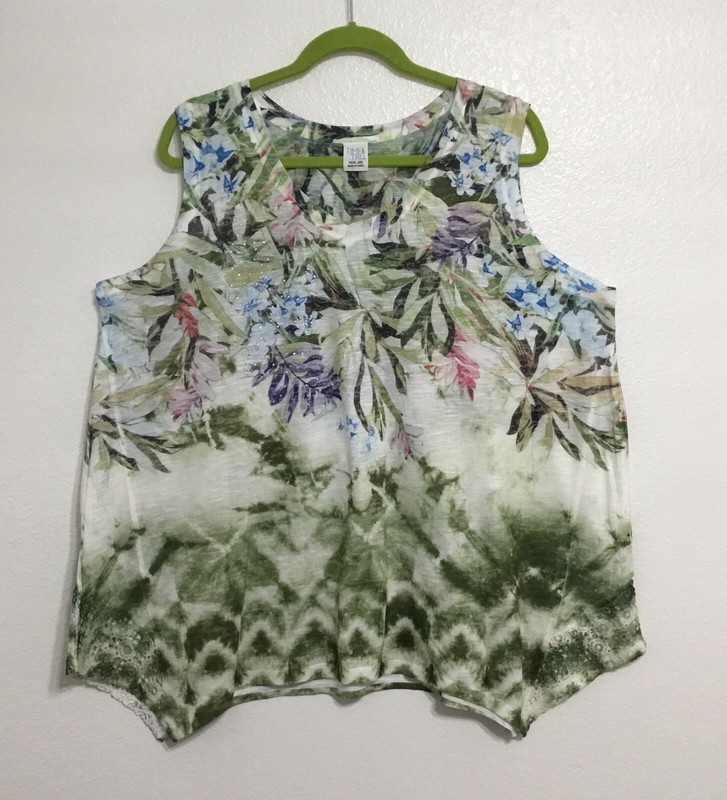 Time & Tru Tank Top - White & Green Tropical floral Asymmetrical Lace - xxxl 22