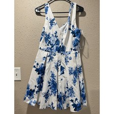 Jun & Ivy Francescas Blue White Floral V-Neck Fit Flare Mini Dress Pockets Large