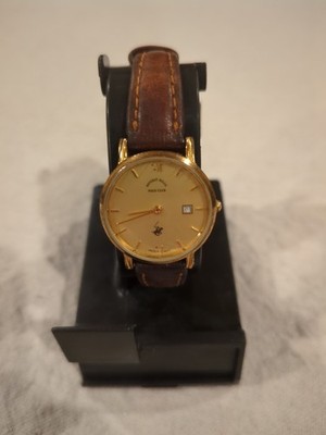 Beverly Hills Polo Club Gold Tone Dial Round Case Brown Band Watch. Keeps Time.