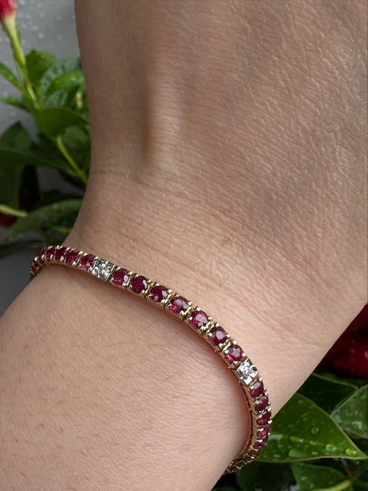 10Ct Round Cut Natural Red Ruby & Diamond Tennis Bracelet 14K Real Yellow Gold - Image 2 of 4
