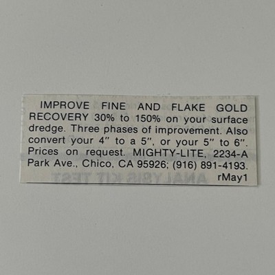 Mighty-Lite Improve Fine & Flake Gold Recovery Chico CA 1983 Mining Ad SAJ1-S34