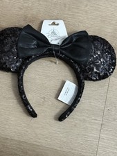 Disney Parks Black Sequin Faux Leather Bow Minnie Mouse Ears Headband NEW