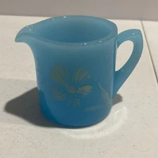 Fenton Opaline Style Milk Glass Style Blue Creamer Hand Painted