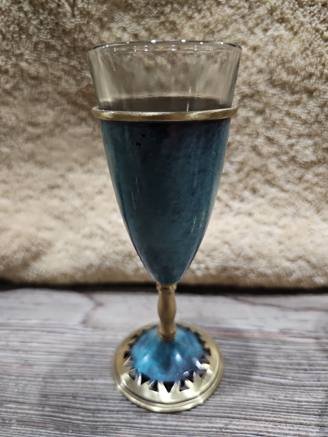 6 Reticulated Kiddush Wine Cups Brass w Glass Insert 6" tall Jewish Shabbat 