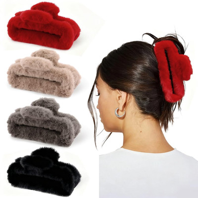 4 Pack Fuzzy Hair Claw Clip for Women 5 Inch Extra Black/Dark Grey/Khaki/Red