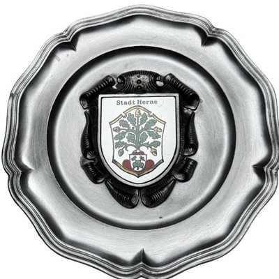 WMF Pewter Wall Plate Stadt Herne Germany 9in Silver Excellent Enameled Crest