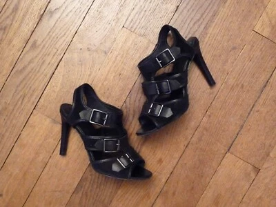 🌼 Escarpins Ouverts à Talons en Cuir et Effet Daim Noir- Pointure 37- Minelli - Photo 1/4