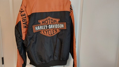 Harley Davidson Shield Jacket Mens Medium M Black Orange Sleeve Nylon Jacket - Picture 2 of 7