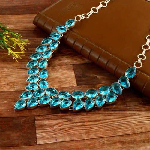Swiss Blue Topaz Gemstone 925 Sterling Silver Handmade Necklace Jewelry 18" - Picture 2 of 3