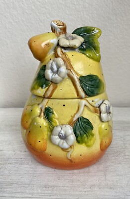 Vintage Hand Painted Ceramic Porcelain 7'' Pear Sugar Bowl Circa 1970s 
