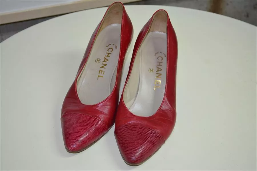 CHANEL Pumps Red Leather Size 35.5 US 5.5 Shoes Heel Almond Toe Authentic  #1321D